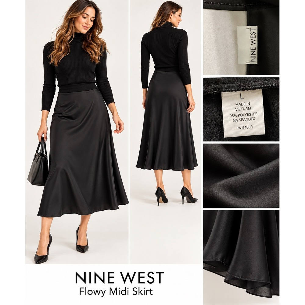 Nine West NWT Black Silky Midi Skirt Large Flowy Minimalist Quiet Luxury